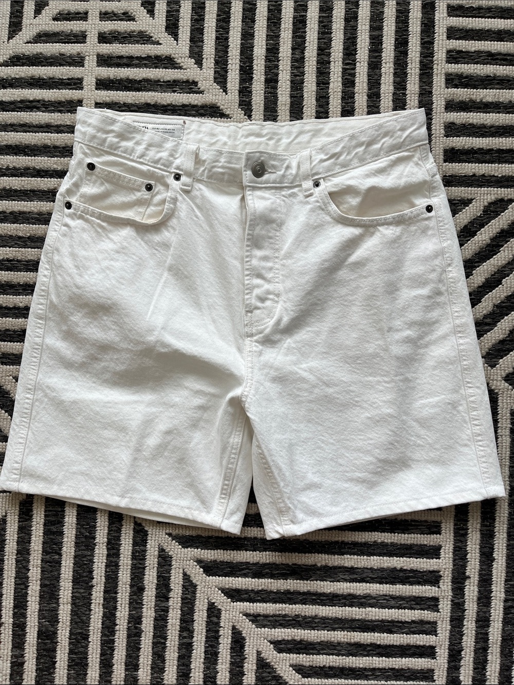 Zara White Men’s Jean Shorts with Tan Leather Patch
